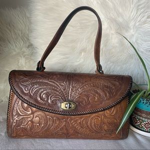 Vintage Floral Tooled Leather Top Handle Hand Bag